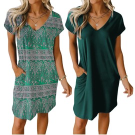 Ekouaer Womens 2 Pack Nightgowns Short Sleeve Sleepshirt V Neck Pajama Dress Casual Loungewear with Pockets