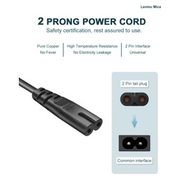 for TCL TV Power Cord Roku 65 Inch Smart TV Power Cord 2 Prong Power Cable for TCL Roku LED Smart 24" 32" 40" 42" 43" 48" 50" 55" 60" 65" 75" 85" 50-Inch Class S4 QLED 4K Power Supply (5FT)