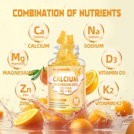 Calcium Magnesium Zinc Gummies with Vitamin D3 & K2 - High Potency Enhanced Absorption -120 Orange Gummies Flavored