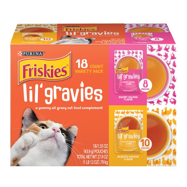 Purina Friskies Lil' Gravies Variety Pack With Chicken, Salmon, Turkey & Roast Beef Flavors Cat Food Complements Lickable Cat Treats - (18) 1.55 oz. Pouches