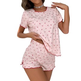 SOLY HUX Pajama Set for Women Cute Print Short Sleeve Tee and Shorts Lounge Sleepwear Light Pink Cherry S