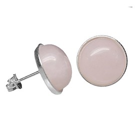 12mm Round Genuine Baby Pink Rose Quartz Cabochon 925 Sterling Silver Ear Stud Earrings Pair