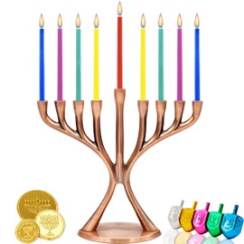 Contemporary Hanukkah Menorah, Polished, Non-tarnishing, Holds Most Hanukkah Candles (Copper)