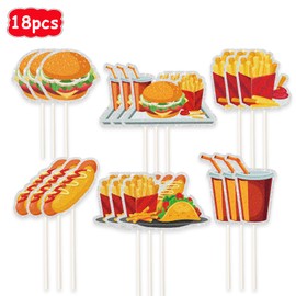 18pcs Fast Food Dessert Cupcake Toppers,French Fries Hamburger Hot Dog Cupcake Toppers for Birthday, Baby Shower, Carnival, Fast Food Snacks BBQ Party Decorations
