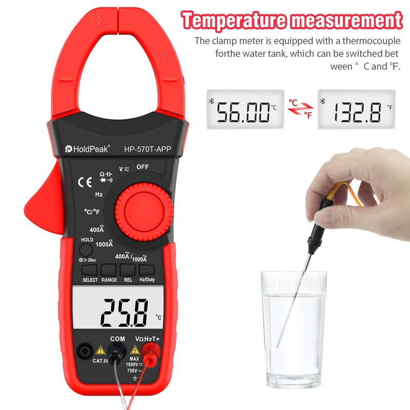 HOLDPEAK Handheld Clamp Meter with Bluetooth via APP, HP-570T-APP Digital