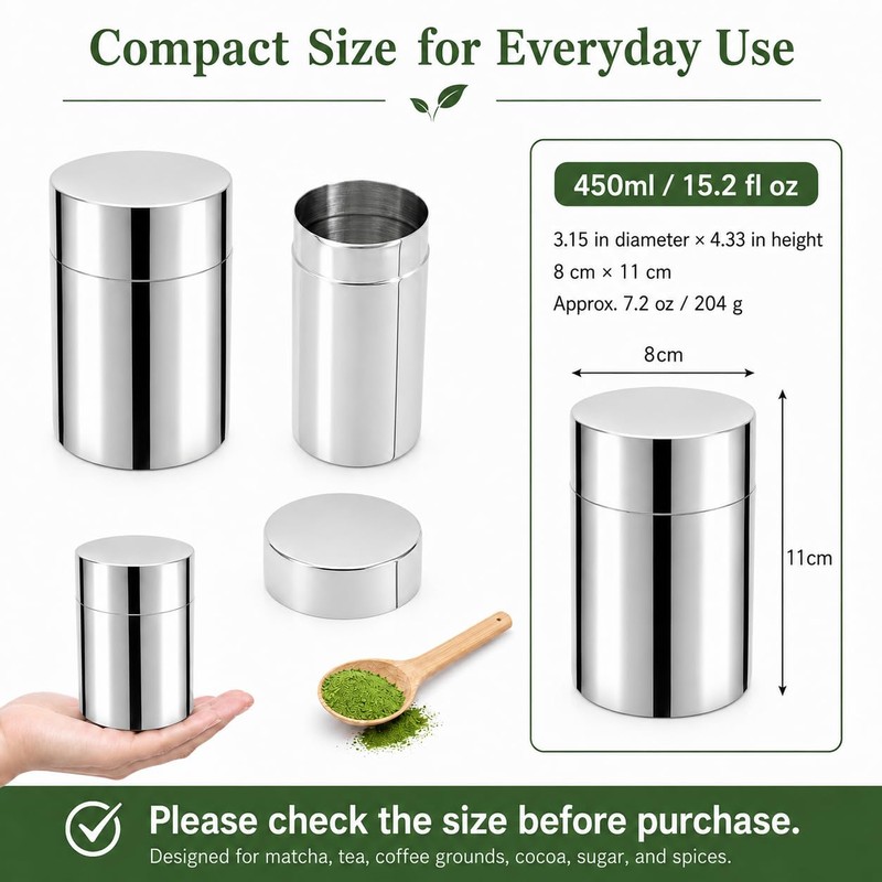 2 Pack Matcha Powder Storage Canisters, 304 Stainless Steel Tea