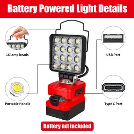 Fiihio Portable LED Work Light Compatible with Craftsman V20 Battery, 48W 4200LM Cordless Flood Light with USB & Type-C Ports, Low Voltage Protection, for Job Site Lighting, Camping (No Battery)