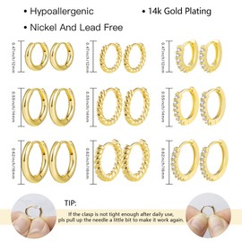 Gold Hoop Earrings Set, 9 Pairs of 14 Carat Real Gold-Plated Hoop Earrings, Gold, Small, for Women, Hypoallergenic, Cartilage Huggie Hoop Earrings with AAA+ Zirconia, Twist Heart Piercing Gold