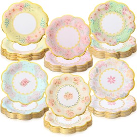 Maxcheck 120 Pcs Floral Paper Plates with Gold Rim Disposable Flower Plates for Tea Party Decorations Birthday Baby Shower Wedding Bridal Supplies (9 Inch)