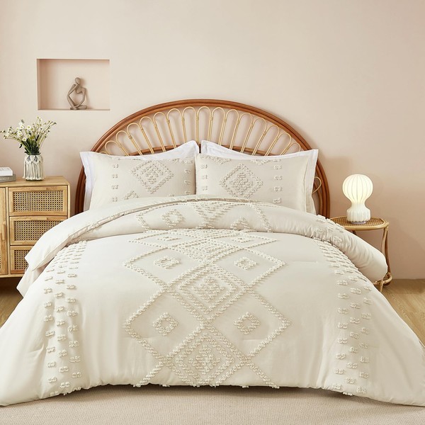 Dinjoy Boho Comforter Set Queen,Cream/Beige Shabby Chic Bedding Set 3