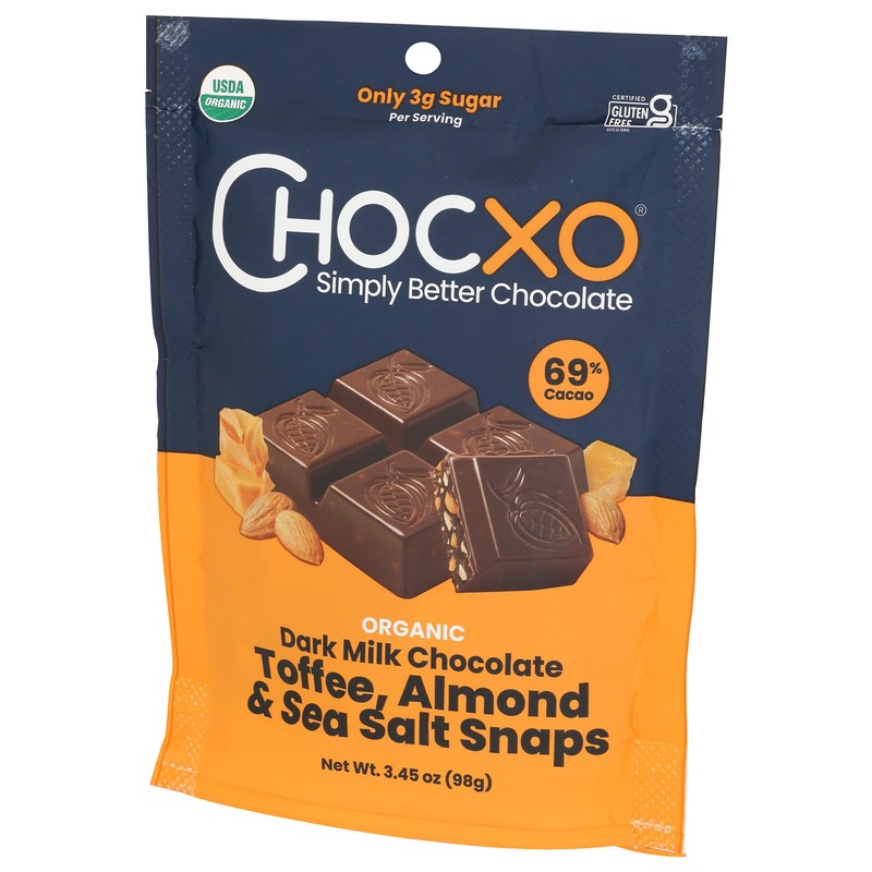 CHOCXO Organic Toffee Almond 69% Dark Milk Chocolate Snaps, 3.45