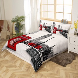 London Duvet Cover Twin Size, Telephone Booth The Big Ben Bedding Set for Kids Girls Boys Adults Room Decor Red Grey Comforter Cover Set Nostalgic Retro United Kingdom Bedding with 1 Pillow Shams Soft