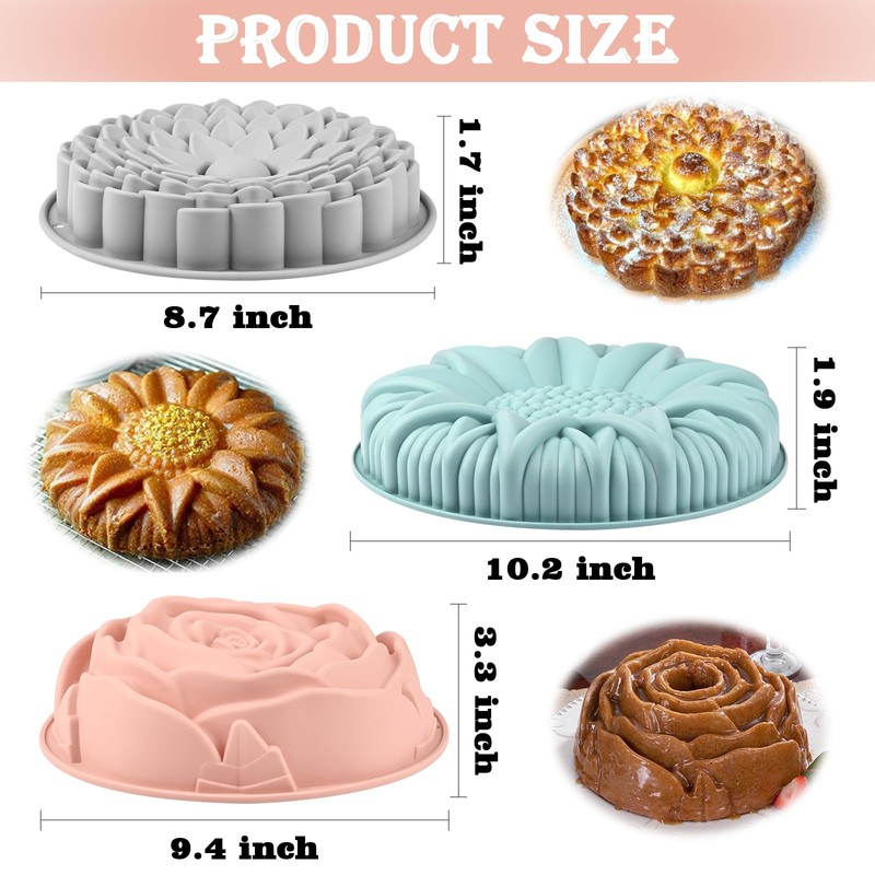 Sakolla 3 Pack Flower Shape Silicone Cake Molds, Large Round