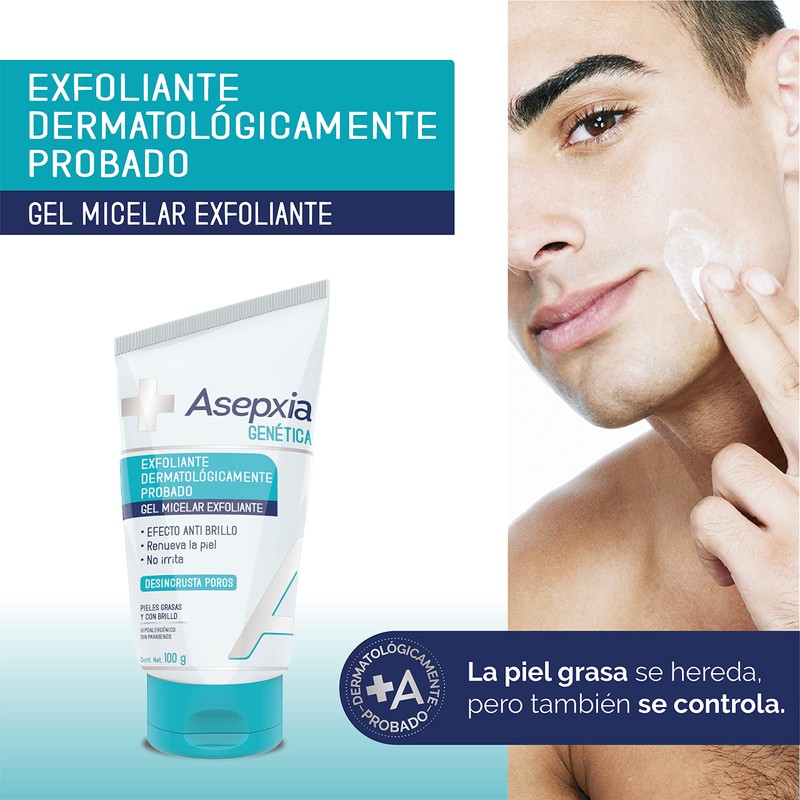 Asepxia GENÉTICA, Gel EXFOLIANTE MICELAR, dermatológicamente probado, para pieles con