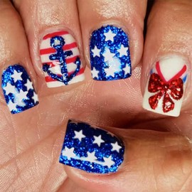 24 Pcs 4th of July Press On Nails Short Square Independence Day Fake Nails Press ons MINGCHUN Nail Art Tips Acrylic Nail Kit Glue on Nails Full Cover False Nails White Blue Glitter Design for Women