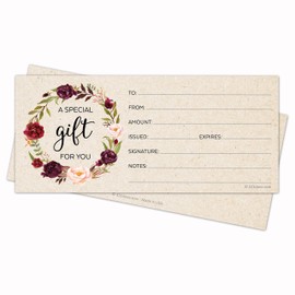 321Done Blank Gift Certificates Rustic (Set of 24) 4x9 for Small Business, Holiday, Christmas Voucher, Spa, Salon - Floral Rose Wreath Kraft Tan