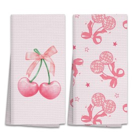 Hxlac Pink Coquette Kitchen Towels Set of 2, Pink Preppy Dish Towels, Coquette Cherry Bow Disco Hand Towels for Girl Kitchen Bathroom Decor, Pink Coquette Preppy Dish Tea Towels Dishcloths(16x24in)