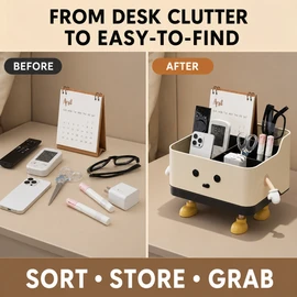 Beige Desktop Storage Organizer Box, HIPS Plastic Open-Top Compartment Desk Caddy for Stationery, Cosmetics, Remotes and Small Items, Sitting Position