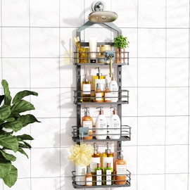 ODesign 4 Tier Height-Adjustable Shower Caddy Hanging Anti-Swing-Over The Shower Head Caddy-Shower Storage Organizer Bathroom Shelves Basket Rack Shower Caddies-Grey