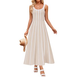 ZESICA Womens 2025 Summer Sleeveless Striped Midi Dresses Casual A Line Swing Knit Long Dress Beach Vacation Clothes,Apricot,Medium