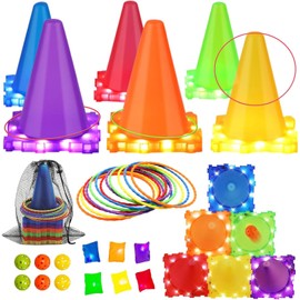 Juego de Carnaval 3 en 1, Juego de Lanzamiento con Bolsas de Pufs, Anillos de Plástico, Iluminado de Conos, Juegos de Fiesta de Casa, Escuela, Interior, Exterior, Juegos de Patio para Niños, Adultos