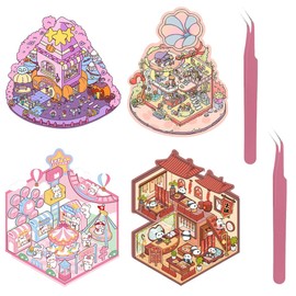 DEFGNOP Miniature House Sticker 3D, 3D Sticker Scene, House Sticker Make Your Own, Sticker Therapy, Relief Stress for Adults and Children, 4 Sets