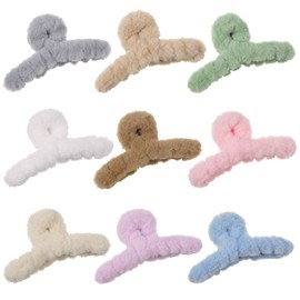Opopark 9 PCS Fluffy Plush Hair Claw Clips Big Faux Fur Hair Claw Large Super Grip Hair Clips Shark Jaw Clamp Colorful Hair Clips for Women Girls Hair Accessories