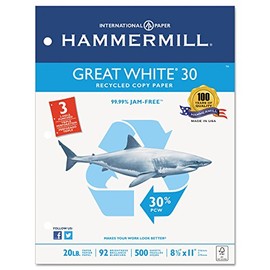 Hammermill 86702 Great White Recycled Copy 3-Hole Punched, 92 Brightness, 20Lb, Letter, 5000/Ctn