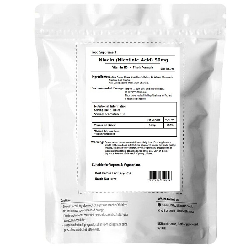 UKHealthHouse Vitamin B3 Niacin/Nicotinic Acid (Flush Effect) 50mg Tablets, 100%
