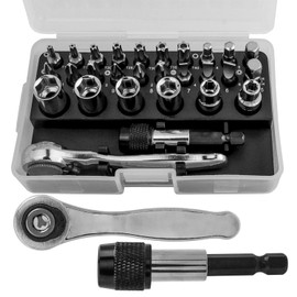 Gasea 28 in 1 Ratchet Set, 1/4" Right Angle Screwdriver Mini Socket Set, 72 Tooth Small Ratchet Wrench Offset Ratchet Screwdriver, 1/4" Sockets and Torx Slotted Hex Phillips Bits Repair Tool Kit
