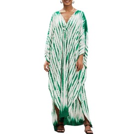 Bsubseach Women's Ethnic Print Kaftan Beach Dress Plus Size Beach Dress, Green Tie-dye