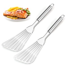 Cualork 2-Piece Premium Fish Spatula Set, Big Size Stainless Steel, Thickness Blade Turner for Cooking, Flipping, Frying and Grilling