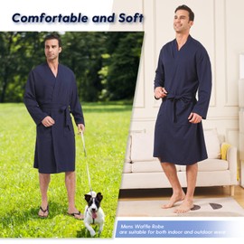 FashGudim Mens Lightweight Waffle Knit Robe Soft Kimono Spa Bathrobes Knee Length Summer Robes, Navy, 3X-Large-4X-Large Tall
