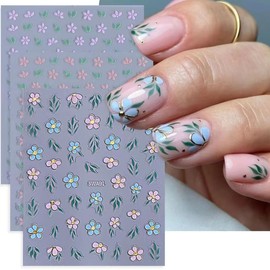 3 Sheets Purple Pink Flowers Nail Art Stickers Decals ZWENJIE 3D Self-Adhesive Spring Fresh Colorful Floral Nail Decals Green Leaves Pattern Nail Supplies for Women Nails Art DIY Decoration