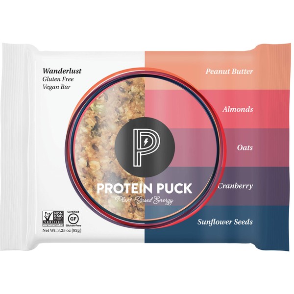 Protein Puck Plant Based Bars | Snacks with 16 grams of Vegan Protein | Gluten Free, Non Dairy, Kosher Certified Non GMO Premium Healthy Bar | Wanderlust, 16 Count (1 Pack)