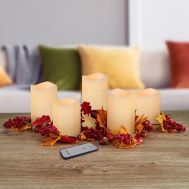Elements Set of 5 Ivory LED Pillar Candles with Harvest Artificial Greenery Garland