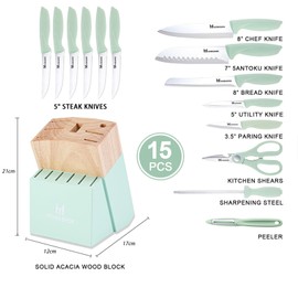 Knife Set, Howashin 15 Pieces Kitchen Knife Set with Built in Knife Sharpener, High Carbon German Stainless Steel Knife Block Set, Hand wash Safe Knives Set, Green