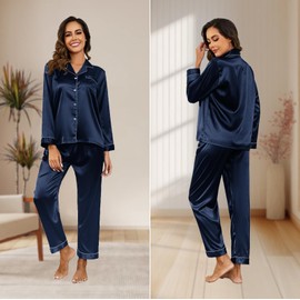 Mchodare Womens Silk Satin Pajamas Set, Button Down Pajama Set, Long Sleeve 2 Piece Loungewear Sets Sleepwear with Elastic Waist Long Pants Navy Blue