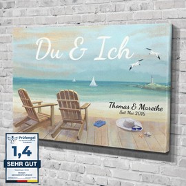 Individual Canvas Du & Ich with Your Own Name Gift for Lovers Valentine's Day Beach Panorama Hand Drawn Gift Idea Home Decoration Canvas Picture Lovers Couple