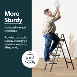 WOA WOA 4 Step Ladder, Folding Step Stool with Non-Slip Pedals, Portable Stepping Stool Household, Sturdy Steel Ladder, Space Saving for Kitchen, Anti Skid Feet, Support 330lbs - Black