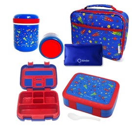 Bento Box with Thermos Stainless Steel Food Jar for Hot-Cold Food or Soup, Insulated Lunch Bag, & Ice Pack Set for Kids or Toddlers. Ages 3-7, Blue Space Rockets