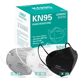 LEMENT 50PCS KN95 Face Mask 5 Layer Breathable with Elastic EarLoops Cup Dust Safety Masks(White,Black,Grey)