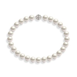 Schmuckwilli Women's Shell Pearl Necklace, White, High Gloss, Magnetic Closure, Real Shell mk0018z, Silver Plated, Silver