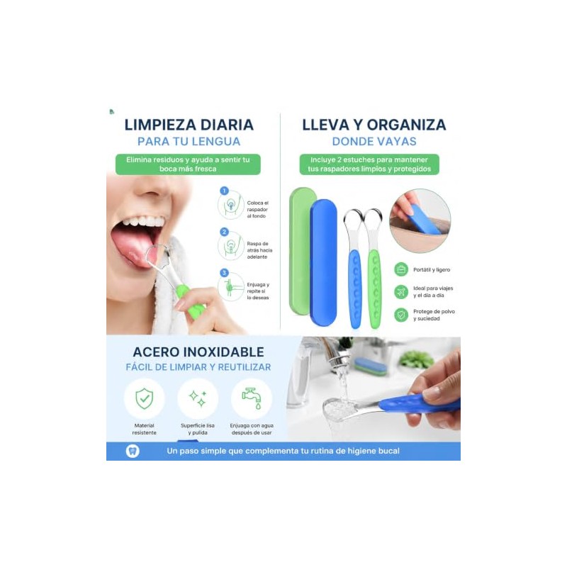 Limpiador de Lengua, 2 de Acero Inoxidable con Estuches (Azul;