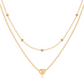 Dainty Layered Initial M Necklaces for Women, 14K Gold Plated Simple Cute Heart Layering Necklace Letter Pendant Initial Choker Gold Layered Necklaces for Women Girls