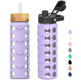 MUKOKO Glass Water Bottles, 24oz Glass Tumbler with Straw, Drinking Bottles with 2 Lids-Handle Spout Lid&Bamboo Straw Lid, Motivational Water Bottle with Time Marker and Silicone Sleeve, 1 Pack-Purple