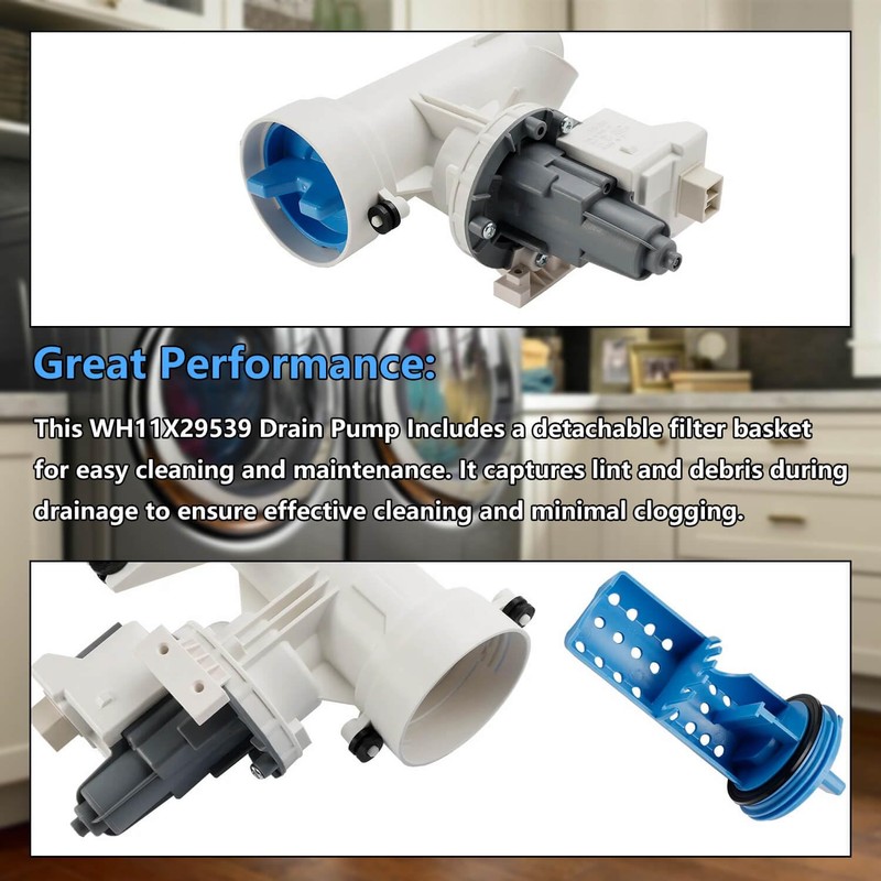 Washer Drain Pump and Filter Assembly WH11X29539, Compatible with GE