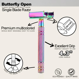 WEISHI Butterfly Open Double Edge Safety Razor for Men and Women, Elegant Rainbow Color Handle with 5 Stainless Razor Blades Included, Reusable Wet Shave Tool for Smooth, Close Shave