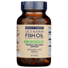 Wiley's Finest Wild Alaskan Fish Oil Easy Swallow Minis - Omega-3 Fish Oil Supplement for Adults and Kids - Double-Strength 630mg EPA and DHA Natural Supplement - 180 Mini Softgels (90 Servings)