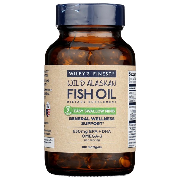 Wiley's Finest Wild Alaskan Fish Oil Easy Swallow Minis - Omega-3 Fish Oil Supplement for Adults and Kids - Double-Strength 630mg EPA and DHA Natural Supplement - 180 Mini Softgels (90 Servings)